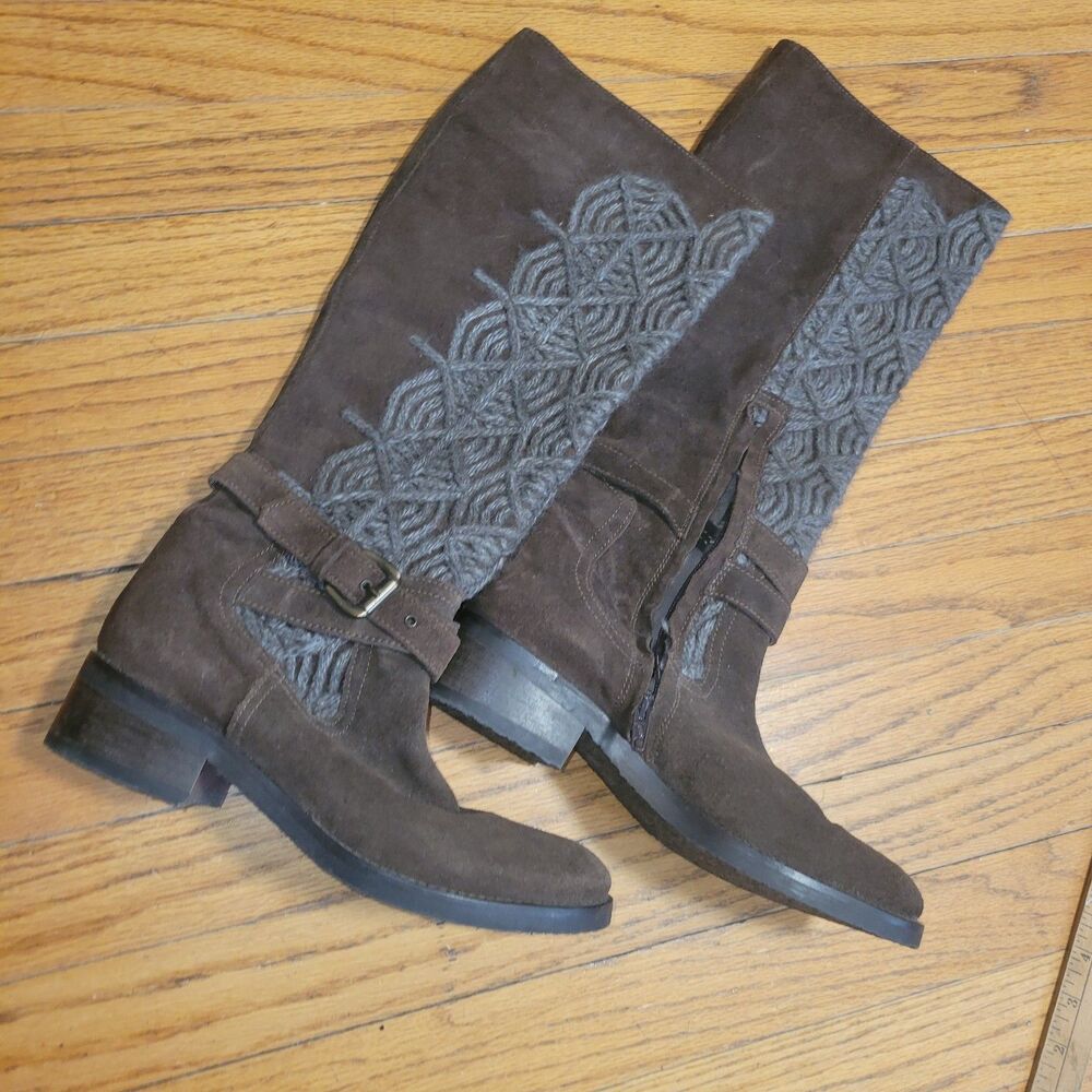 Napoleoni Suede Italian Knee High Embroidered Brown Boots Women's Sz 37 ( US 7)